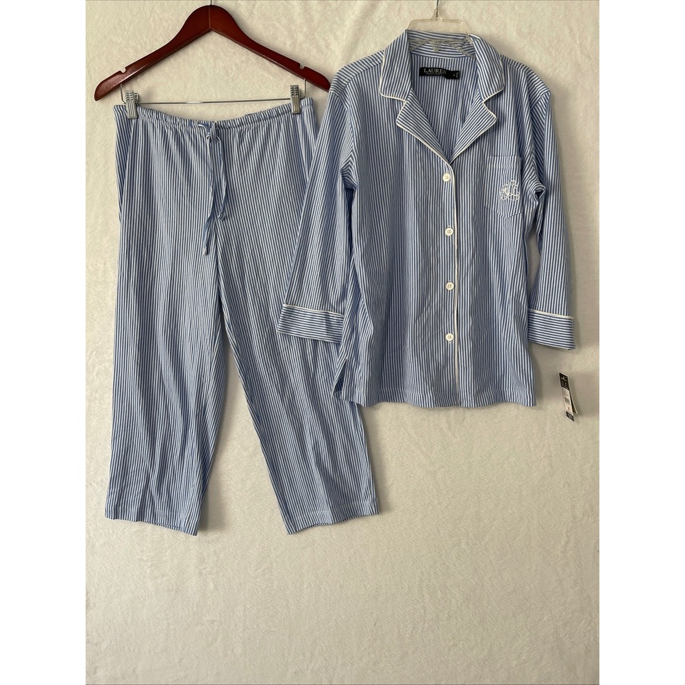 RALPH LAUREN Women's Size S White Blue Pinstripe Capri Pajama 2 Pc 100 % Cotton - Picture 4 of 7